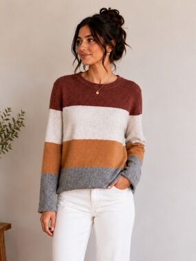 NWT Pinque Gina Colorblock Stripe Crewneck Sweater Rust Stone Combo Size XL